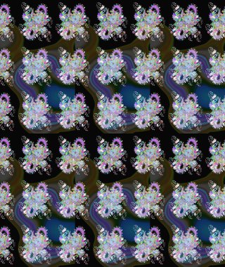 Siyah renkler ve parlak çiçekler üzerine soyut çizim deseni. Küçük çiçekte hoş bir çiçek deseni var. Çiçek elementli zarif raster dokusu..