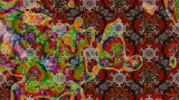 Çiçek süslemeli çizim deseni. Raster illüstrasyonu. Çiçekler kahverengi, kırmızı ve yeşil renklerde.