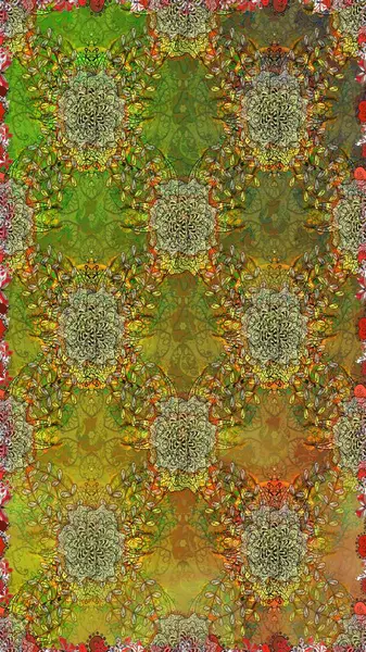 Kahverengi ve yeşil renklerde etnik çiçeklerle kusursuz bir desen. Raster Çiçek İllüstrasyonu güzel tekstil..