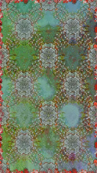 Çok yeşil ve kahverengi zarif küçük çiçekler ve yeşil ve kahverengi renkli komik böcekler, raster desen, illüstrasyon.