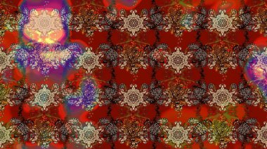 Küçük çiçekteki sevimli çiçek deseni. Varicolobrown, kırmızı ve bej rengi raster çizimi. Birçok kahverengi, kırmızı ve bej soyut çiçekli tropik çizim deseni.