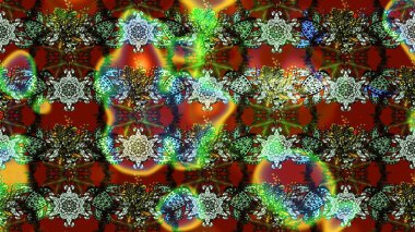 Raster çiçek desenleri çiziyor. Vadinin çiçekleri yeşil, kahverengi ve kırmızı renklerde.