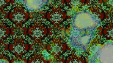 Yeşil, gri ve kahverengi renkli bitkilerden oluşan parlak çiçekli çizim deseni.