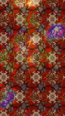 Çiçeksel çizim kalıbının yansıması. Vadinin çiçekleri kahverengi, kırmızı ve bej renklerinde.