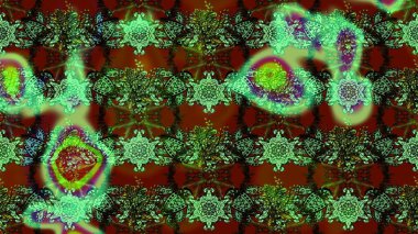 El çizimi çiçekli soyut çizim kalıbı. Raster illüstrasyonu. Yeşil, kahverengi ve kırmızı renkte çiçekler.