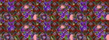 Parlak çiçekli kahverengi, kırmızı ve yeşil renkler üzerinde soyut çizim deseni. Küçük çiçekte hoş bir çiçek deseni var. Çiçek elementli zarif raster dokusu..