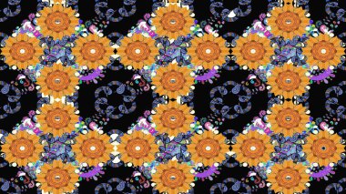 Çiçeksel elementlerle süslenmiş zarif raster dokusu. Küçük çiçekte hoş bir çiçek deseni var. Parlak çiçekli siyah renkler üzerine soyut çizim deseni.