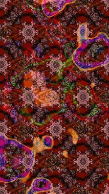 Suluboya çiçekli çiçek deseni. Kahverengi, kırmızı ve siyah renkli Asya tekstili. Raster illüstrasyonu.