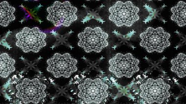 Raster - stok. Yapraklı çiçekler ve papatya çiçekli siyah renkte papatyalar. Taslak arkaplan deseni.