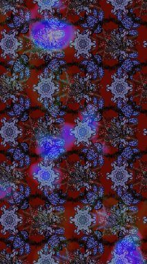 Kırmızı, kahverengi ve mor renkli etnik çiçeklerle süslenmiş zarif bir eskiz deseni. Asya Tekstil 'inde Raster Çiçek İllüstrasyonu.