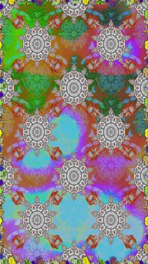 Güzel kumaş deseni. Düz Çiçek Elementleri Tasarımı. Zentangle soyut çiçekleri. Raster illüstrasyonu. Renkli Bahar Temalı Kusursuz Arkaplan. Çiçek tozu..