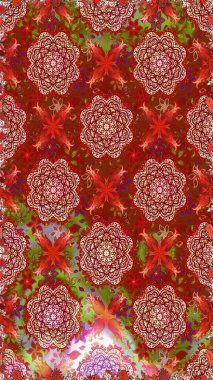 Kırmızı ve kahverengi renkte çiçekler. Raster illüstrasyonu. Kusursuz çiçek deseni. Raster illüstrasyonu. Asya tekstil tarzında.