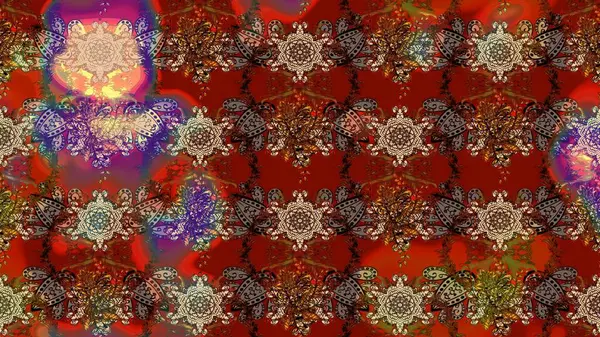 Küçük çiçekteki sevimli çiçek deseni. Varicolobrown, kırmızı ve bej rengi raster çizimi. Birçok kahverengi, kırmızı ve bej soyut çiçekli tropik çizim deseni.