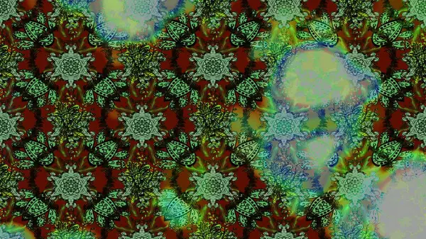 Yeşil, gri ve kahverengi renkli bitkilerden oluşan parlak çiçekli çizim deseni.