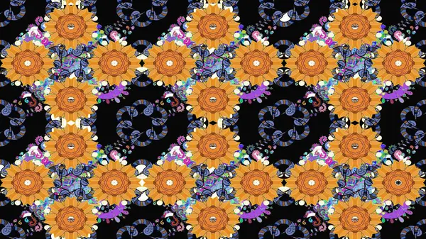 Çiçeksel elementlerle süslenmiş zarif raster dokusu. Küçük çiçekte hoş bir çiçek deseni var. Parlak çiçekli siyah renkler üzerine soyut çizim deseni.