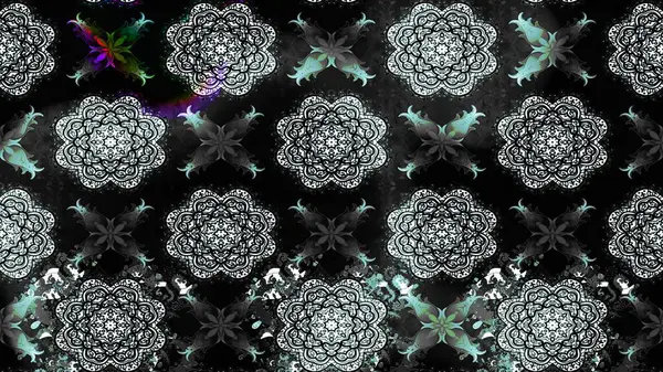 Raster - stok. Yapraklı çiçekler ve papatya çiçekli siyah renkte papatyalar. Taslak arkaplan deseni.