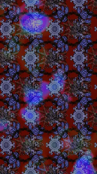 Kırmızı, kahverengi ve mor renkli etnik çiçeklerle süslenmiş zarif bir eskiz deseni. Asya Tekstil 'inde Raster Çiçek İllüstrasyonu.