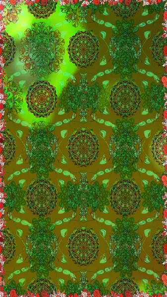 Patlayan çiçekler soyut olarak yerleştirilmiş. Raster illüstrasyonu. Raster deseni. Yumuşak, yeşil renkte bahar çiçekleri.