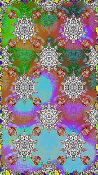 Güzel kumaş deseni. Düz Çiçek Elementleri Tasarımı. Zentangle soyut çiçekleri. Raster illüstrasyonu. Renkli Bahar Temalı Kusursuz Arkaplan. Çiçek tozu..