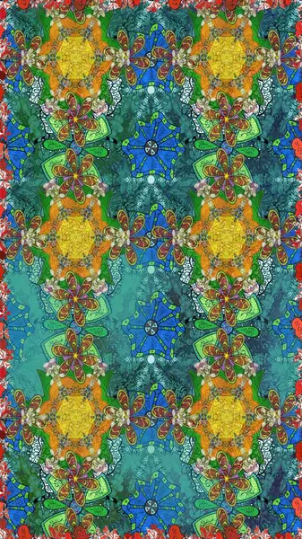 Renkli mavi ve yeşil pürüzsüz desen. Doodle tarzı. Tekstil ve kapak tasarımı için mükemmel. Mavi ve yeşil renkli çiçekler. El çizimi pürüzsüz sonbahar çiçekleri deseni.