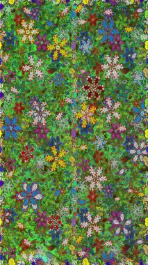 Karalama çiçekleri kusursuz desen. Raster deseni. Sanat, esinlenerek ve kahverengiye benzer çiçekler bırakır. Yeşil ve kahverengi el çizimi desen.