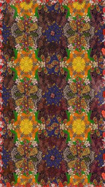 Raster deseni. Bahar çiçekleri dallı desen, kahverengi ve çiçek siluetiyle yeşil renkler.