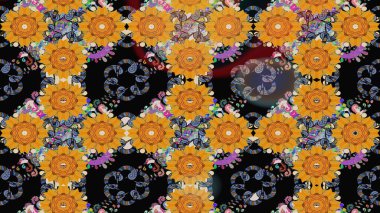 Düz Çiçek Elementleri Tasarımı. Raster Illustrasyon 'daki Çiçek Deseni' nin son moda çizimi. Güzel kumaş deseni. Renkli Yaz Teması çizim şablonu.