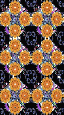 Çiçeksel elementlerle süslenmiş zarif raster dokusu. Siyah renkler ve parlak çiçekler üzerine soyut çizim deseni. Küçük çiçekte şirin bir çiçek deseni var..