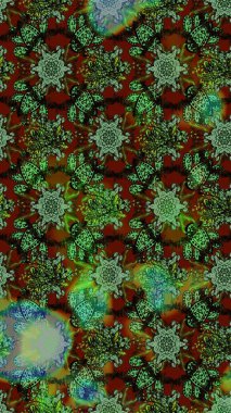 Yeşil, kahverengi ve gri renkte güzel bir tekstil. Raster illüstrasyonu. Suluboya çiçekli çiçek deseni.