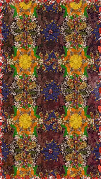 Raster deseni. Bahar çiçekleri dallı desen, kahverengi ve çiçek siluetiyle yeşil renkler.