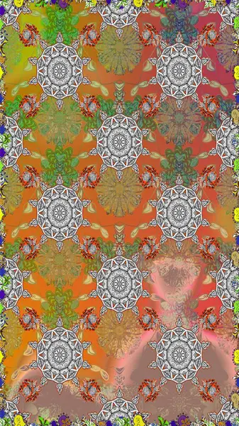 Asya tekstil tarzında. Gri renkli çiçekler. Raster illüstrasyonu. Raster illüstrasyonu. Kusursuz çiçek deseni.