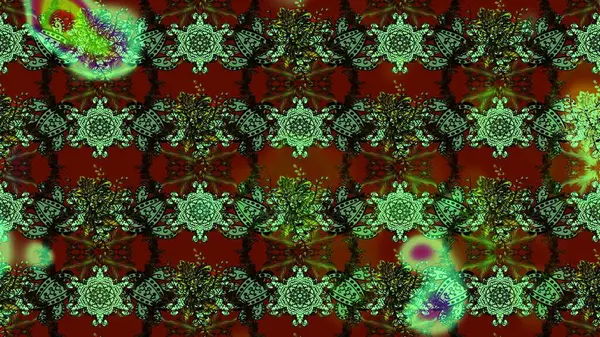 Yapraklı çiçekler ve yeşil, kahverengi ve kırmızı renkte papatya çiçekleri. Raster - stok. Taslak arkaplan deseni.