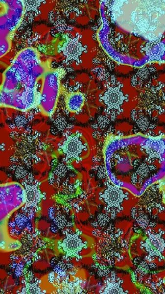 Raster illüstrasyonu. Kırmızı renkte çiçekler. Çiçek desenli çizim. Asya tekstil tarzında. Raster illüstrasyonu.