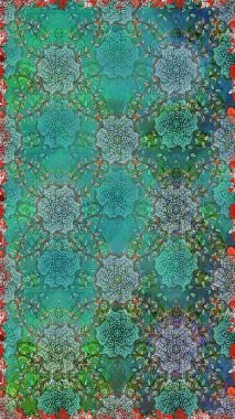 Modern, yeşil ve mavi raster arka plan duvar kağıdı çizimi, klasik çizgili desenli desenli çiçekler, çiçekli süsler. Çiçekli el, pürüzsüz desen..