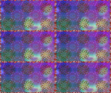 Düz Çiçek Elementleri Tasarımı. Asya tekstil tarzında. Mor ve mavi renkte çiçekler. Kusursuz çiçek deseni. Raster illüstrasyonu. Renkli Bahar Teması Kusursuz Arkaplan.