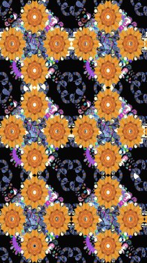 Çiçeksel elementlerle süslenmiş zarif raster dokusu. Siyah renkler ve parlak çiçekler üzerine soyut çizim deseni. Küçük çiçekte şirin bir çiçek deseni var..