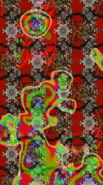 Raster illüstrasyonu. Çiçek süslemeli çizim deseni. Çiçekler kırmızı, kahverengi ve gri renklerde.