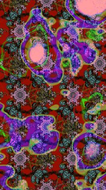 Çiçeksel elementlerle süslenmiş zarif raster dokusu. Küçük çiçekte hoş bir çiçek deseni var. Parlak çiçekli kahverengi, kırmızı ve yeşil renkler üzerine soyut çizim deseni.