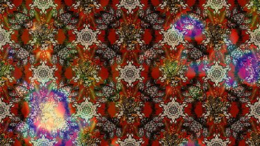 Raster Floral Illustration, Asyalı tekstil. Kahverengi, bej ve kırmızı renkte etnik çiçeklerle süslenmiş zarif bir eskiz şekli..