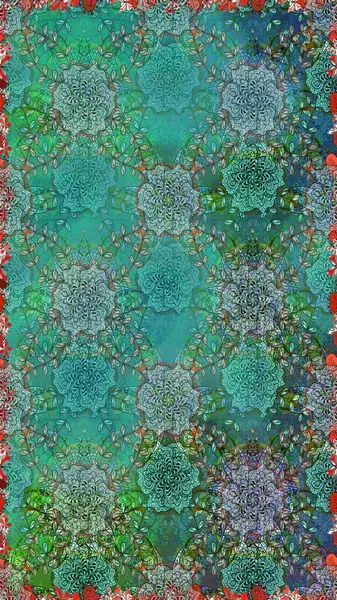 Modern, yeşil ve mavi raster arka plan duvar kağıdı çizimi, klasik çizgili desenli desenli çiçekler, çiçekli süsler. Çiçekli el, pürüzsüz desen..