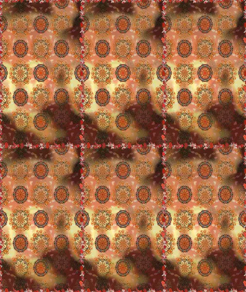 Renkli Yaz Temalı Kusursuz Arkaplan. Kahverengi ve turuncu renkli çiçekler. Düz Çiçek Elementleri Tasarımı. Raster illüstrasyonunda trendsiz çiçek deseni.