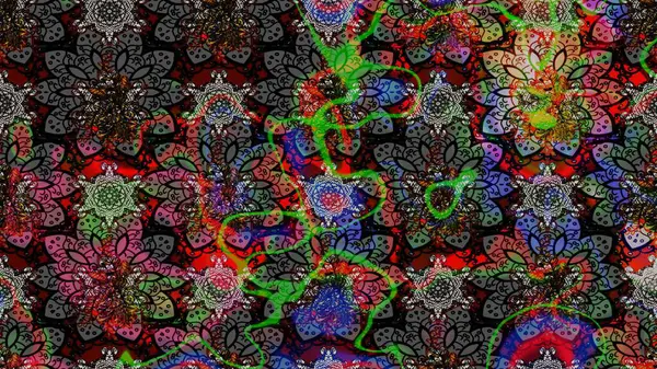 Raster illüstrasyonu. Çiçek desenli çizim. Siyah renklerde Asya tekstili.