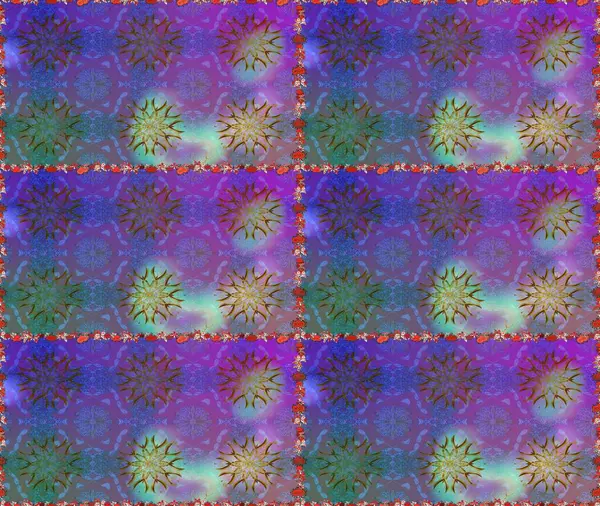 Düz Çiçek Elementleri Tasarımı. Asya tekstil tarzında. Mor ve mavi renkte çiçekler. Kusursuz çiçek deseni. Raster illüstrasyonu. Renkli Bahar Teması Kusursuz Arkaplan.