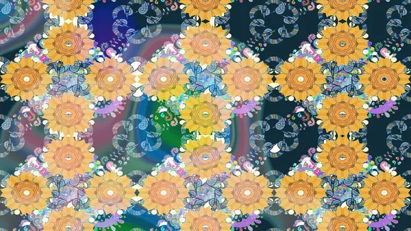 Raster illüstrasyonu. Asya tekstil tarzında. Düz Çiçek Elementleri Tasarımı. Çiçek desenli çizim. Renkli Bahar Teması eskiz kalıbı. Güzel kumaş deseni.