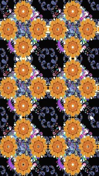 Çiçeksel elementlerle süslenmiş zarif raster dokusu. Siyah renkler ve parlak çiçekler üzerine soyut çizim deseni. Küçük çiçekte şirin bir çiçek deseni var..