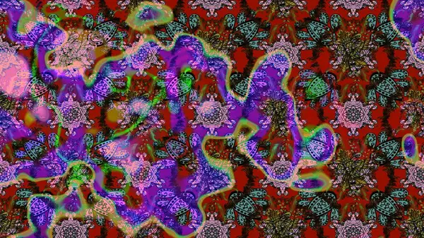 Asya tekstil tarzında. Renkli Bahar Teması eskiz kalıbı. Raster illüstrasyonu. Düz Çiçek Elementleri Tasarımı. Çiçek desenli çizim. Kahverengi, kırmızı ve mor renkte çiçekler.