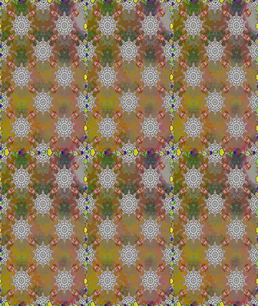 Kahverengi ve gri renkli çiçekler. Raster illüstrasyonu. Asya tekstil tarzında. Raster illüstrasyonu. Kusursuz çiçek deseni.