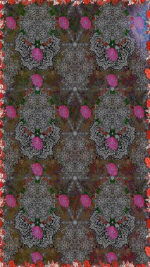 Kumaş desenli papatya çiçeği detayı. Gri ve kahverengi renkte çiçekler.