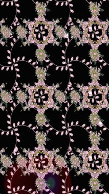 Raster illüstrasyonu. Şirin çiçekli eskiz deseni ve siyah, nötr ve yeşil renkli yapraklar, suluboya çiçek deseni, duvar kağıdı, kart veya kumaş için fayanslı.