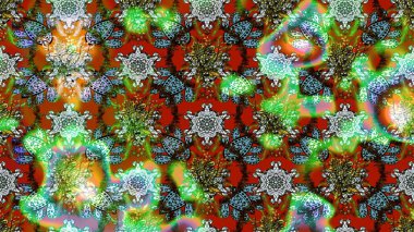 Çok yeşil, kahverengi ve nötr küçük çiçekler ve yeşil, kahverengi ve nötr renklerdeki komik böcekler, raster deseni, illüstrasyon.